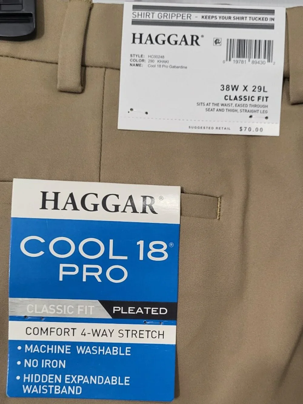 Haggar Cool 18, Mens khaki, 38W x 29L,  classic fit, pleaded
